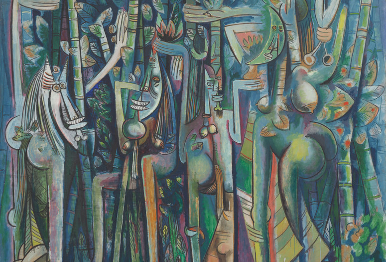 Wifredo Lam. La Jungla (The Jungle). 1942–43. Oil and charcoal on paper mounted on canvas. The Museum of Modern Art, New York. Inter-American Fund. © 2025 Artists Rights Society (ARS), New York/ADAGP, Paris Image description: A large, nearly square painting densely crowded with green and blue stylized figures and plants. Tall leafy stalks of sugarcane form a dense backdrop beginning at the bottom of the canvas and cropped off by the top edge. Appearing behind and between the stalks are four elongated animal-human hybrid figures. Their mask-like faces turn toward us, their oversized feet and hands are planted firmly on the ground.