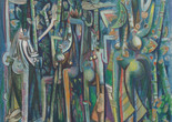 Wifredo Lam. La Jungla (The Jungle). 1942–43. Oil and charcoal on paper mounted on canvas. The Museum of Modern Art, New York. Inter-American Fund. © 2025 Artists Rights Society (ARS), New York/ADAGP, Paris Image description: A large, nearly square painting densely crowded with green and blue stylized figures and plants. Tall leafy stalks of sugarcane form a dense backdrop beginning at the bottom of the canvas and cropped off by the top edge. Appearing behind and between the stalks are four elongated animal-human hybrid figures. Their mask-like faces turn toward us, their oversized feet and hands are planted firmly on the ground.