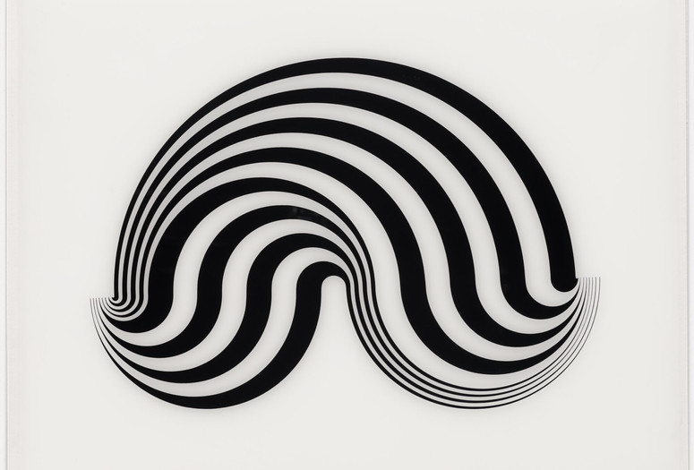Credit: Bridget Riley. Untitled (Fragment 5) from Fragments. 1965. Screenprint on acrylic sheet. The Museum of Modern Art, New York. Gift of the artist Image description: A black-and-white screenprint on a rectangular piece of plexiglass, featuring a geometric pattern twisting to create the illusion of movement and three-dimensionality. Striped curves stretch and shrink in an arched shape across the composition.