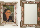 Frida Kahlo. Fulang-Chang and I. 1937 (assembled after 1939). In two parts, oil on board (1937) with painted mirror frame (added after 1939); and mirror with painted mirror frame (after 1939). The Museum of Modern Art, New York. Mary Sklar Bequest. © 2025 Banco de México Diego Rivera Frida Kahlo Museums Trust, Mexico, D.F./Artists Rights Society (ARS), New York Image description: A diptych featuring a mirror next to an oil painting of a dark-haired female figure with a unibrow, a self-portrait, with a small dark brown monkey sitting on her chest. A pink ribbon winds from the monkey to the female figure’s neck and hair. Both pieces have matching bronze frames with red painted inlay and mirrored edges.