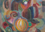 The image features a collection of colorful, swirling shapes and lines with prominent colors including red, orange, green, blue, yellow, and black. In the bottom middle, there is a circular object with alternating yellow and orange stripes. Artwork: Sonia Delaunay. Portuguese Market. 1915. Oil and wax on canvas. The Museum of Modern Art, New York. Gift of Theodore R. Racoosin