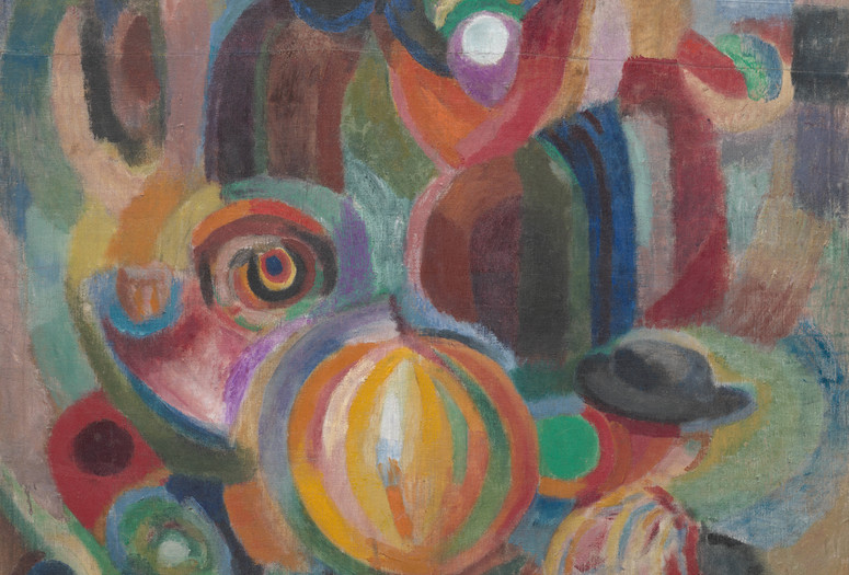 The image features a collection of colorful, swirling shapes and lines with prominent colors including red, orange, green, blue, yellow, and black. In the bottom middle, there is a circular object with alternating yellow and orange stripes. Artwork: Sonia Delaunay. Portuguese Market. 1915. Oil and wax on canvas. The Museum of Modern Art, New York. Gift of Theodore R. Racoosin