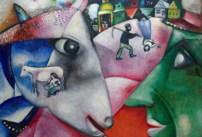 Marc Chagall. I and the Village. 1911. Oil on canvas. Mrs. Simon Guggenheim Fund. © 2026 Artists Rights Society (ARS), New York/ADAGP, Paris. Image description: A colorful cubist painting featuring a green-faced man and a white animal starting at each other. The background depicts a colorful village with figures, animals, and houses.