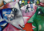 Marc Chagall. I and the Village. 1911. Oil on canvas. Mrs. Simon Guggenheim Fund. © 2026 Artists Rights Society (ARS), New York/ADAGP, Paris. Image description: A colorful cubist painting featuring a green-faced man and a white animal starting at each other. The background depicts a colorful village with figures, animals, and houses.