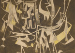Wifredo Lam. Les Invités (The Guests). 1966. Oil and charcoal on canvas. Colección Patricia Phelps de Cisneros. © Succession Wifredo Lam, ADAGP, Paris/ARS, New York 2026. Image description: A square brown canvas filled with overlapping skeletal figures contorted into disjointed positions. These fantastical bodies have spindly limbs, elongated feet and hands, and a mixture of human and animal-like faces.