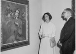 Audrey Hepburn and Alfred H. Barr Jr. at the exhibition Picasso: 75th Anniversary. 1957. Photographic Archive. The Museum of Modern Art Archives, New York. Photo: Barry Kramer