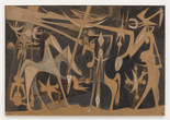 Wifredo Lam. Grande Composition (Large Composition). 1949. Oil and charcoal on paper mounted on canvas. The Museum of Modern Art, New York. Acquired in memory of Gustavo Cisneros through the generosity of the Sue and Edgar Wachenheim III Endowment Fund, Mimi Haas, Marlene Hess and James D. Zirin, The Judith Rothschild Foundation Contemporary Drawings Collection Gift (by exchange), Committee on Drawings and Prints Fund, The Werner H. Kramarsky Endowment Fund for Drawings, Marie-Josée and Henry R. Kravis, Sue and Edgar Wachenheim III, Emilio Ambasz, Anne Dias Griffin, Agnes Gund, Richard Roth, Tony Tamer, Candace King Weir, The Dian Woodner Acquisition Endowment Fund, the Frances Keech Fund, Joshua and Filipa Fink, Ann and Graham Gund, Alice and Tom Tisch, the Richard S. Zeisler Fund, Adriana Cisneros de Griffin, Glenn D. and Susan Lowry, and Marnie S. Pillsbury. © Succession Wifredo Lam, ADAGP, Paris/ARS, New York 2026 Image description: A large rectangular canvas filled with overlapping, surreal figures that have combinations of human and animal-like features. The background is shaded in a dark gray, with the figures rendered in thin washes of white, gray, and brown paint.