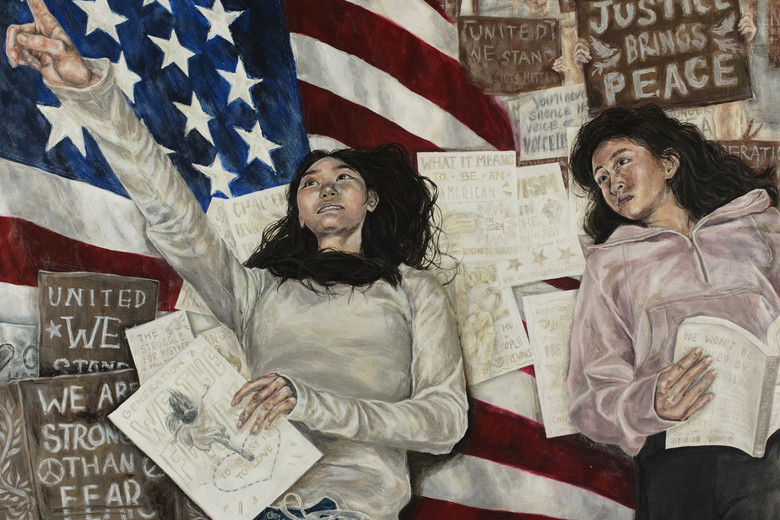 Madison Lee. Our American Dream. 2024. Acrylic and colored pencil on mixed media paper, 18" x 24" (45.72 x 60.96). Courtesy the artist