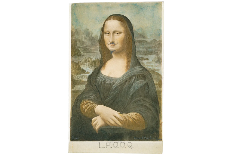 Marcel Duchamp. L.H.O.O.Q. 1919. Pencil on reproduction of Leonardo da Vinci’s Mona Lisa. Private Collection