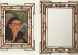Frida Kahlo. Fulang-Chang and I. 1937 (assembled after 1939). In two parts, oil on board (1937) with painted mirror frame (added after 1939); and mirror with painted mirror frame (after 1939), Framed painting; framed mirror. The Museum of Modern Art, New York. Mary Sklar Bequest. © 2026 Banco de México Diego Rivera Frida Kahlo Museums Trust, Mexico, D.F. / Artists Rights Society (ARS), New York