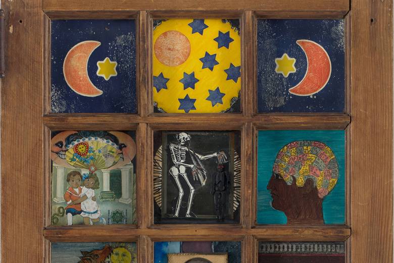 Betye Saar. Black Girl’s Window. 1969. Wooden window frame with paint, cut-and-pasted printed and painted papers, daguerreotype, lenticular print, and plastic figurine, 35 3/4 × 18 × 1 1/2" (90.8 x 45.7 x 3.8 cm). Gift of Candace King Weir through The Modern Women’s Fund and Committee on Painting and Sculpture Funds. © Betye Saar. Courtesy the artist and Roberts Projects, Los Angeles