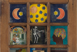 Betye Saar. Black Girl’s Window. 1969. Wooden window frame with paint, cut-and-pasted printed and painted papers, daguerreotype, lenticular print, and plastic figurine, 35 3/4 × 18 × 1 1/2" (90.8 x 45.7 x 3.8 cm). Gift of Candace King Weir through The Modern Women’s Fund and Committee on Painting and Sculpture Funds. © Betye Saar. Courtesy the artist and Roberts Projects, Los Angeles