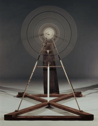 Marcel Duchamp. Rotary Glass Plates (Precision Optics). 1920. Painted glass, iron, electric motor, and mixed media (largest blade damaged in 2007 and replaced by facsimile in 2011), 65 1/4 × 62 × 38" (165.7 × 157.5 × 96.5 cm). Yale University Art Gallery, Gift of Collection Société Anonyme