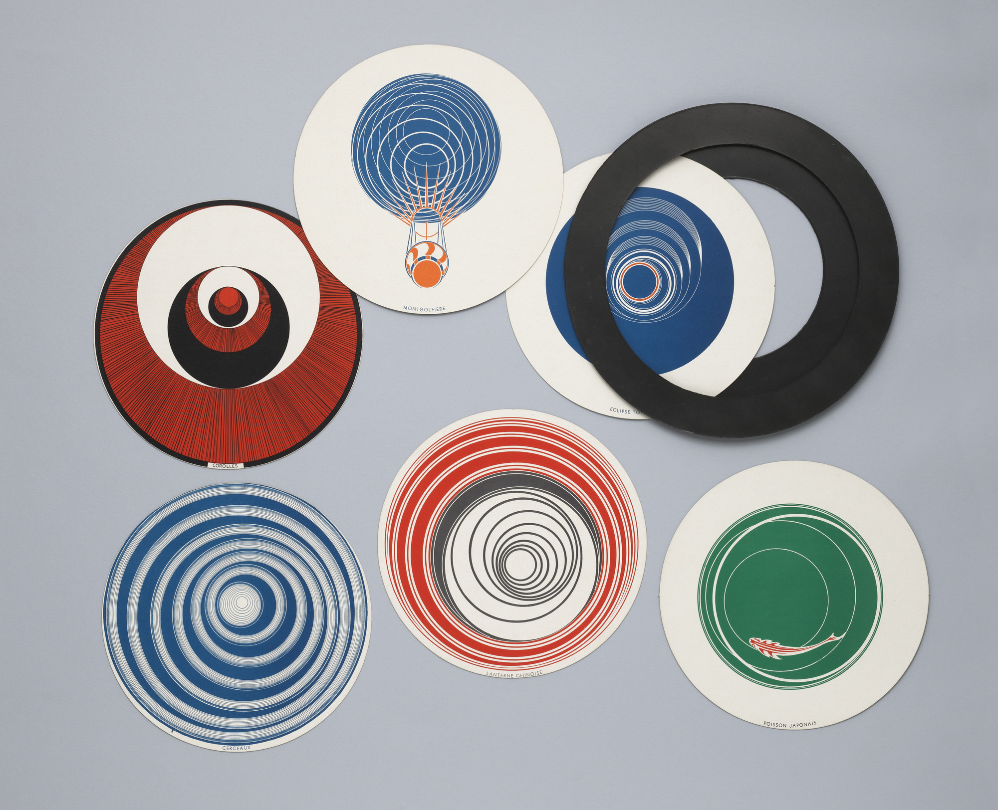 Marcel Duchamp. *Rotoreliefs (Optical Disks)*. 1953. Set of 6 cardboard disks printed recto and verso in color, offset lithography to be viewed on a phonograph turntable rotating at 33 1/3 revolutions per minute, 7 7/8 × 7 7/8" (20 × 20 cm). Philadelphia Museum of Art; Purchased with the James D. Crawford and Judith N. Dean Fund and with the proceeds from the sale of deaccessioned works of art, 2013