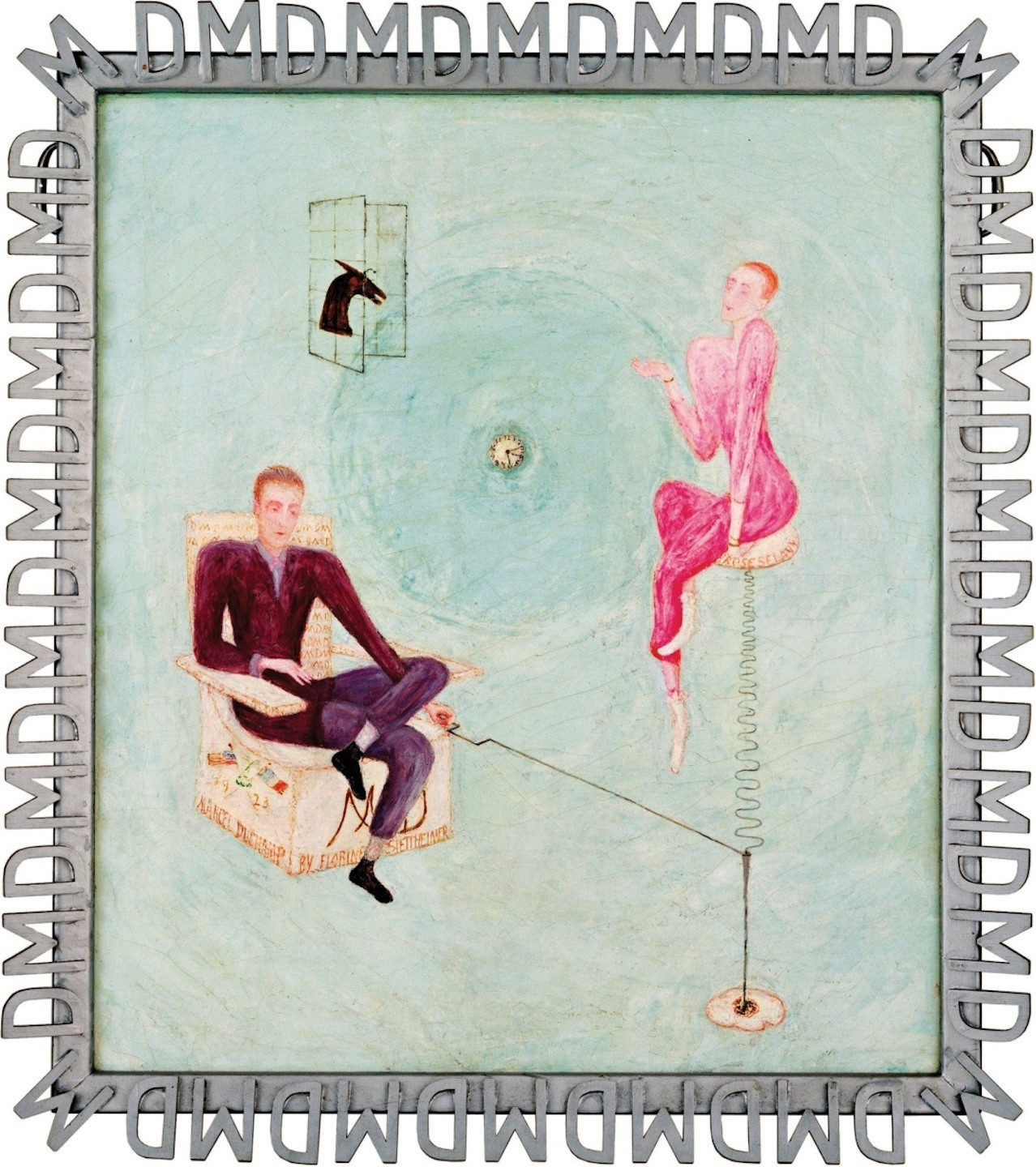 Florine Stettheimer. *Portrait of Marcel Duchamp and Rrose Sélavy*. 1923. Oil on canvas laid down on board, 29 7/8 × 26" (75.9 × 66 cm). The Bluff Collection, Promised gift of John A. Pritzker to the Metropolitan Museum of Art