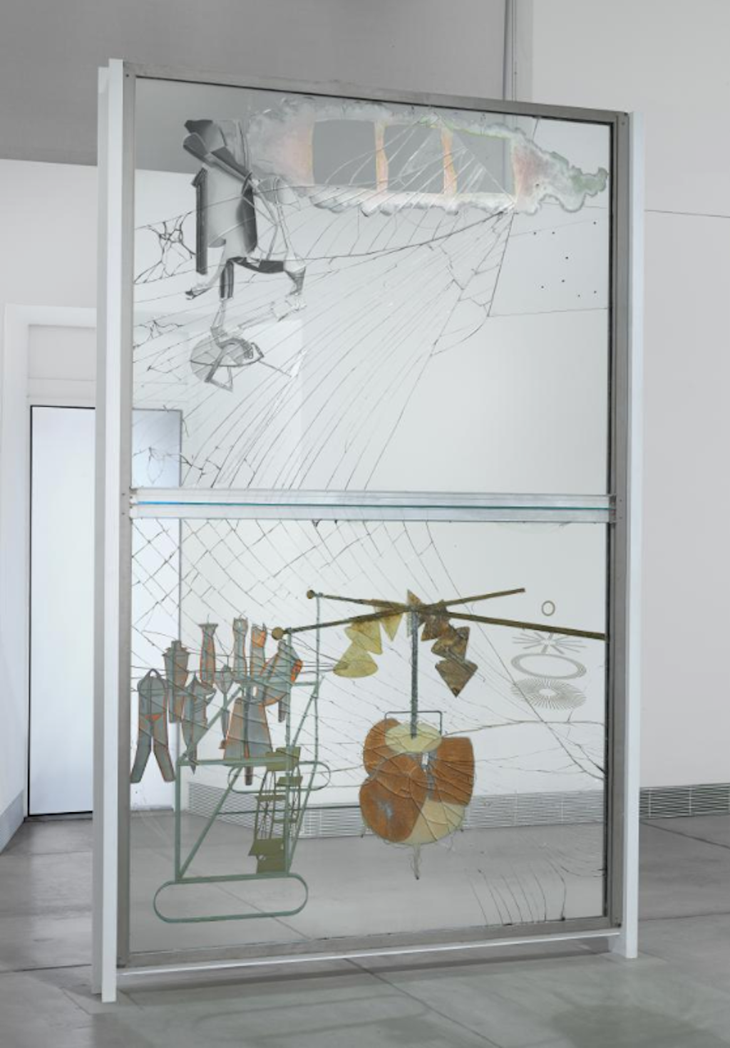 Marcel Duchamp, Richard Hamilton. *The Bride Stripped Bare by her Bachelors, Even (The Large Glass)*. 1915-23, reconstruction by Richard Hamilton 1965-1966, lower panel remade 1985. Oil, lead, dust, and varnish on glass, 109 1/4 × 69 1/4" (277.5 × 175.9 cm). Tate: Presented by William N. Copley through the American Federation of Arts 1975