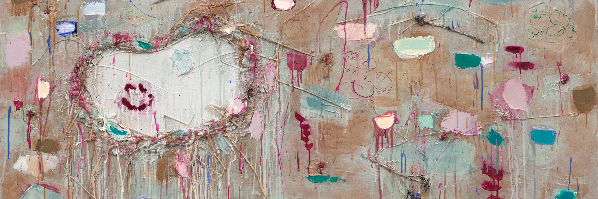 Joan Snyder. My August. 2023. Oil and acrylic paint, papier-mâché, straw, flower stems, rosebuds, ink, and paper on linen, 52 × 72" (132.1 × 182.9 cm). The Museum of Modern Art, New York. Gift of Agnes Gund in honor of Anne Umland
