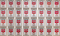 Andy Warhol. Campbell's Soup Cans. 1962. Acrylic with metallic enamel paint on canvas, 32 panels, each canvas 20 x 16" (50.8 x 40.6 cm). Overall installation with 3" between each panel is 97" high x 163" wide. Partial gift of Irving Blum. Additional funding provided by Nelson A. Rockefeller Bequest, gift of Mr. and Mrs. William A. M. Burden, Abby Aldrich Rockefeller Fund, gift of Nina and Gordon Bunshaft, acquired through the Lillie P. Bliss Bequest, Philip Johnson Fund, Frances R. Keech Bequest, gift of Mrs. Bliss Parkinson, and Florence B. Wesley Bequest (all by exchange). © 2026 Andy Warhol Foundation / ARS, NY / TM Licensed by Campbell's Soup Co. All rights reserved.