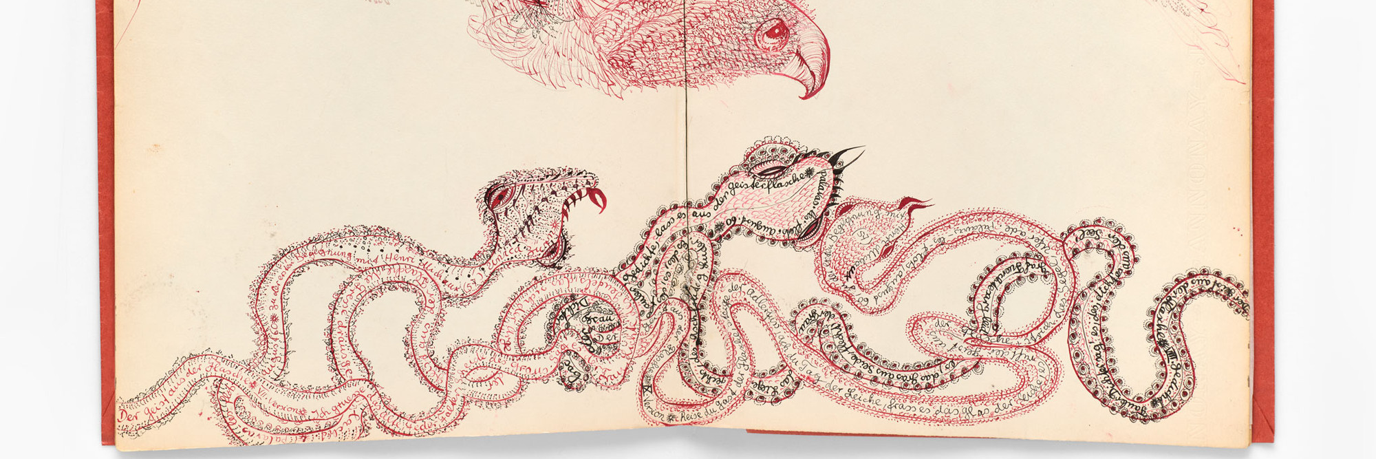 Unica Zürn, artist and author. Orakel und Spektakel, IV. Buch: Anagramme und Zeichnungen (Oracle and Spectacle, Book IV: Anagrams and Drawings). 1960. Book with ink, colored ink, pencil, torn-and-pasted paper, dried plant material, feathers, envelopes, playing card, embroidery-thread winder, and thread; pamphlet binding with red paper wrapper over paper cover with ink on torn- and cut-and-pasted papers, pages: 12 13/16 × 9 13/16" (32.5 × 25 cm). The Museum of Modern Art, New York. Gift of Helen and Sam Zell. Photo: Ben Blackwell. © Verlag Brinkmann &amp; Bose, Berlin, Germany