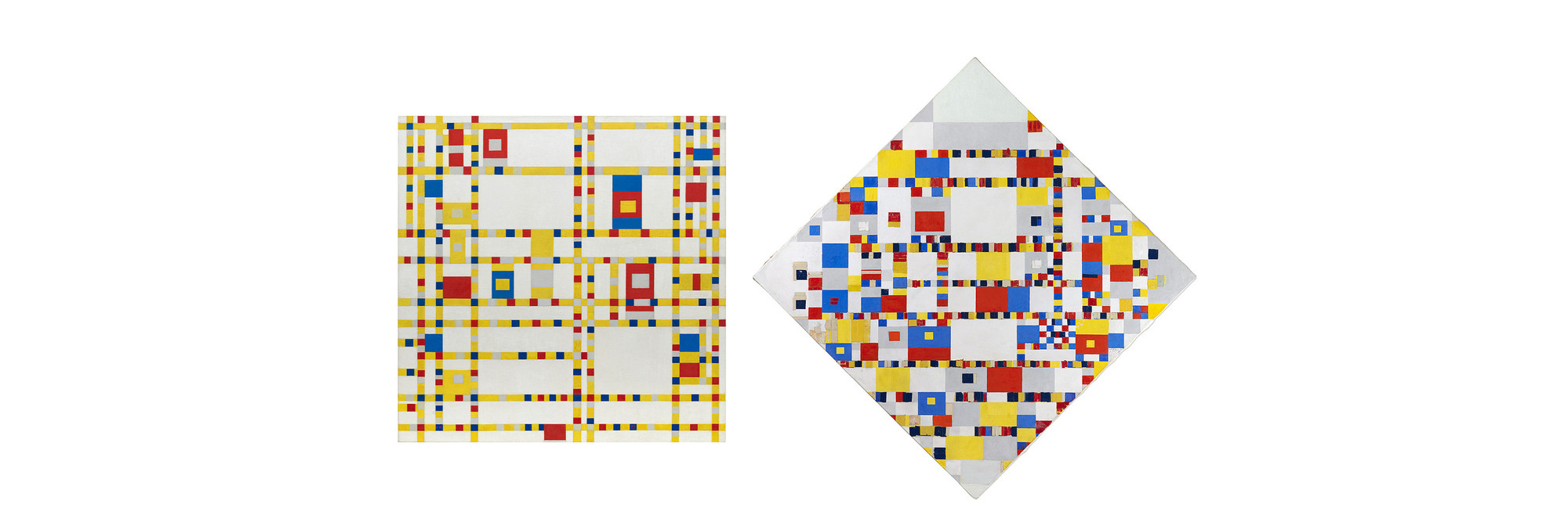 From left: Piet Mondrian. Broadway Boogie Woogie. 1942–43. Oil on canvas, 50 × 50" (127 × 127 cm). The Museum of Modern Art, New York. Given anonymously; Piet Mondrian. Victory Boogie Woogie. 1942–44. Oil, colored paper, and tape on canvas, 50 × 50" (127 × 127 cm). Collection Cultural Heritage Agency of the Netherlands