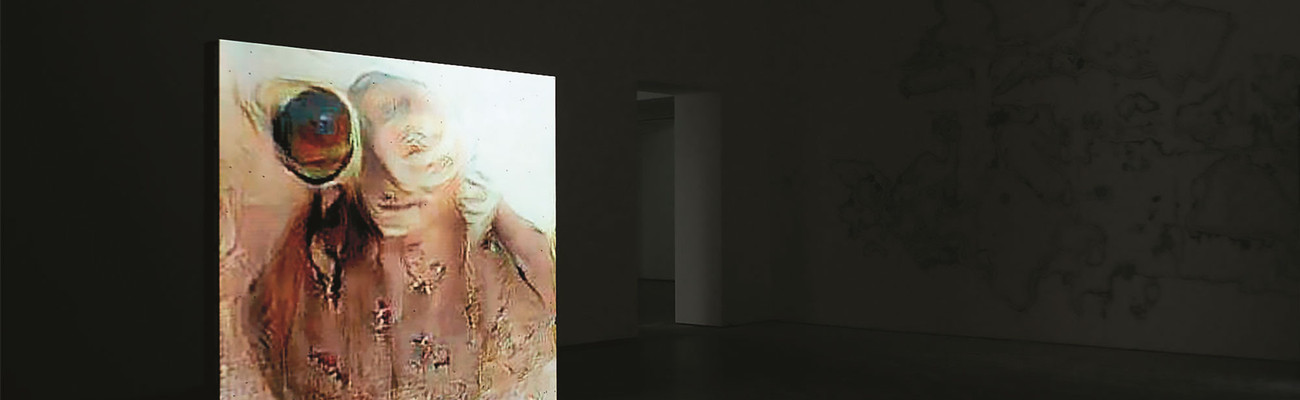 Pierre Huyghe. UUmwelt. 2018–ongoing. Deep image reconstructions, screens, sensors, sound, scents, incubator, flies, sanded wall, and dust. Installation view, Serpentine Galleries, London, October 2018–February 2019. Courtesy of the artist and Serpentine Galleries. © Kamitani Lab/Kyoto University and ATR. Photo: Ola Rindal, Alice Godwin