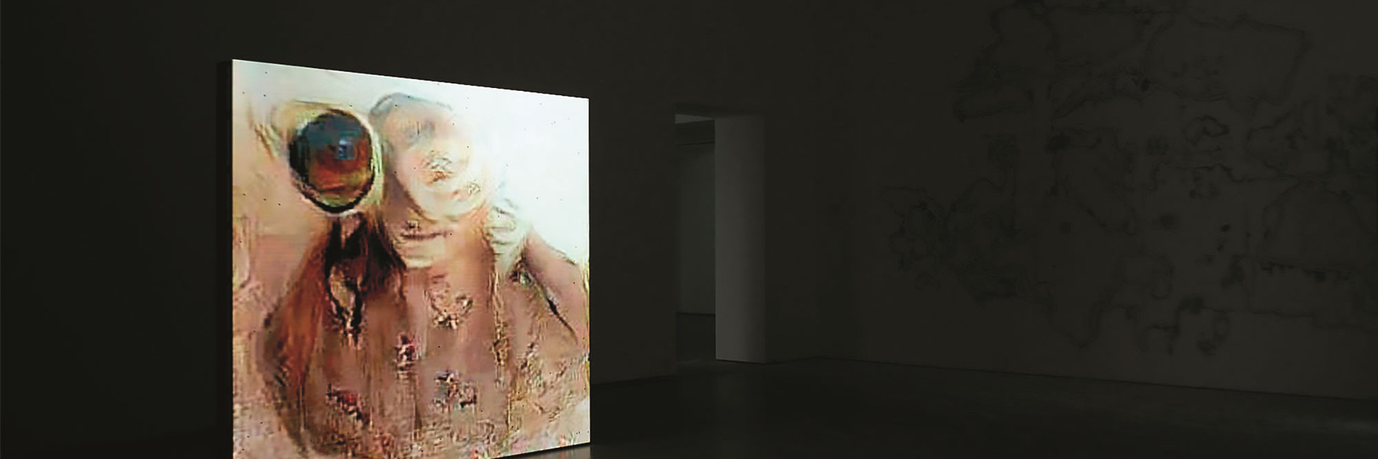 Pierre Huyghe. UUmwelt. 2018–ongoing. Deep image reconstructions, screens, sensors, sound, scents, incubator, flies, sanded wall, and dust. Installation view, Serpentine Galleries, London, October 2018–February 2019. Courtesy of the artist and Serpentine Galleries. © Kamitani Lab/Kyoto University and ATR. Photo: Ola Rindal, Alice Godwin