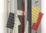 Image of a 3D artwork featuring overlapping lines in black, white, yellow, and red. Jesús Rafael Soto. Double Transparency. 1956. Oil on plexiglass and wood with metal rods and bolts. Gift of Patricia Phelps de Cisneros through the Latin American and Caribbean Fund in honor of Ana Teresa Arismendi. © 2026 Artists Rights Society (ARS), New York/ADAGP, Paris