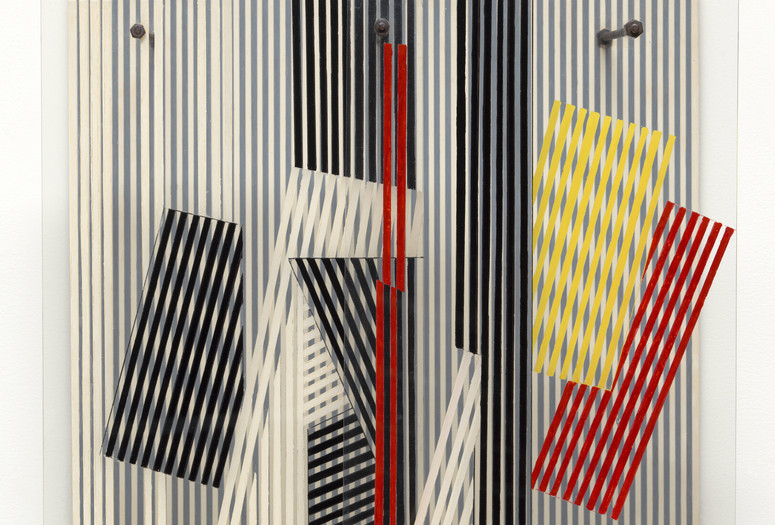 Image of a 3D artwork featuring overlapping lines in black, white, yellow, and red. Jesús Rafael Soto. Double Transparency. 1956. Oil on plexiglass and wood with metal rods and bolts. Gift of Patricia Phelps de Cisneros through the Latin American and Caribbean Fund in honor of Ana Teresa Arismendi. © 2026 Artists Rights Society (ARS), New York/ADAGP, Paris