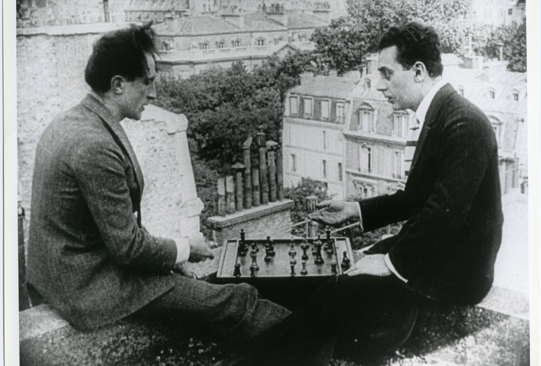 Marcel Duchamp and Man Ray in a still from René Clair’s Entr’acte. 1924. 35mm film (black and white, sound), 20 min. Calvin Tomkins Papers, IV.D.53, The Museum of Modern Art Archives, New York