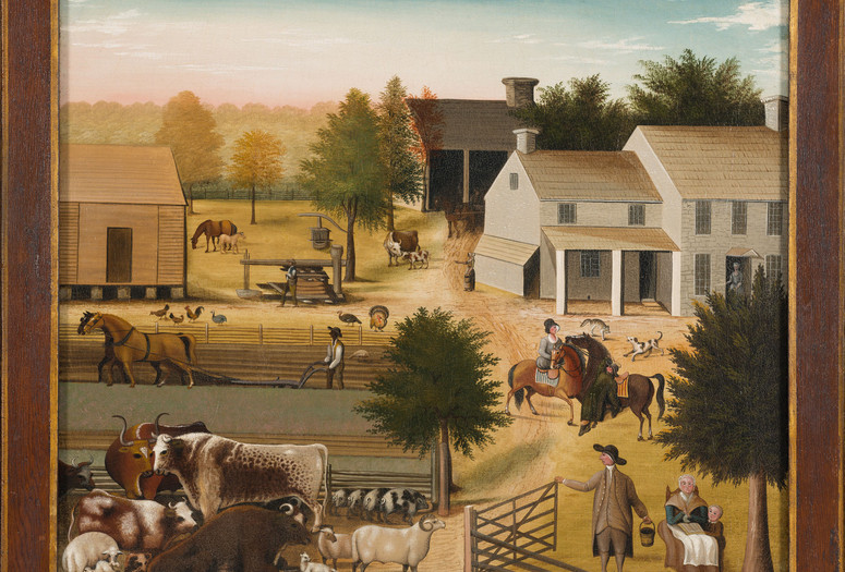 Edward Hicks. The Residence of David Twining. Bucks County, Pennsylvania, 1832–34. Oil on canvas. The Colonial Williamsburg Foundation. Gift of David Rockefeller, 1955; Jean-François Lamoureux and Jean Louis Marin. Centre International du Commerce Extérieur du Sénégal (CICES), Dakar, Senegal. 1971–74. Photo: Michel Fegyveres