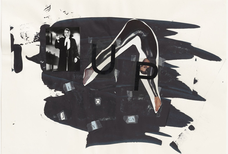 A collage artwork on cream paper with a large wash of black inky paint as the background for layered elements. Text fragments, a small black-and-white photograph of a woman holding a revolver, and a cutout photograph of a woman wearing a shiny black bodysuit bent in a diving position are taped on top. Paulina Olowska. Body Movement Alphabet Studies. 2007. Cut-and-taped printed paper, printed plastic sheet, and paint on paper, sheet 16 7/16 × 22 11/16" (41.7 × 57.6 cm), frame 18 1/4 × 24 1/2" (46.3 × 62.2 cm). The Museum of Modern Art, New York. Gift of the artist
