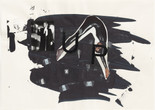 A collage artwork on cream paper with a large wash of black inky paint as the background for layered elements. Text fragments, a small black-and-white photograph of a woman holding a revolver, and a cutout photograph of a woman wearing a shiny black bodysuit bent in a diving position are taped on top. Paulina Olowska. Body Movement Alphabet Studies. 2007. Cut-and-taped printed paper, printed plastic sheet, and paint on paper, sheet 16 7/16 × 22 11/16" (41.7 × 57.6 cm), frame 18 1/4 × 24 1/2" (46.3 × 62.2 cm). The Museum of Modern Art, New York. Gift of the artist