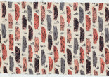 A fabric with a repeating pattern of vertical, organic shapes printed with shades of coral, gray, and black. Small, scattered black line drawings of leaflike forms are interspersed. Hal Missingham. Driftwood textile. c. 1947. Screenprinted silk, 23 × 36" (58.4 × 91.4 cm). Silk and Textile Printers Ltd. The Museum of Modern Art, New York. Anonymous gift