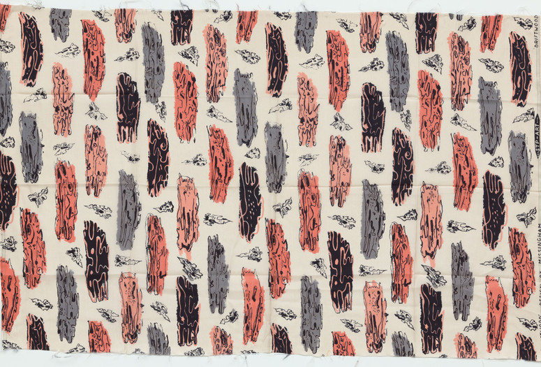 A fabric with a repeating pattern of vertical, organic shapes printed with shades of coral, gray, and black. Small, scattered black line drawings of leaflike forms are interspersed. Hal Missingham. Driftwood textile. c. 1947. Screenprinted silk, 23 × 36" (58.4 × 91.4 cm). Silk and Textile Printers Ltd. The Museum of Modern Art, New York. Anonymous gift