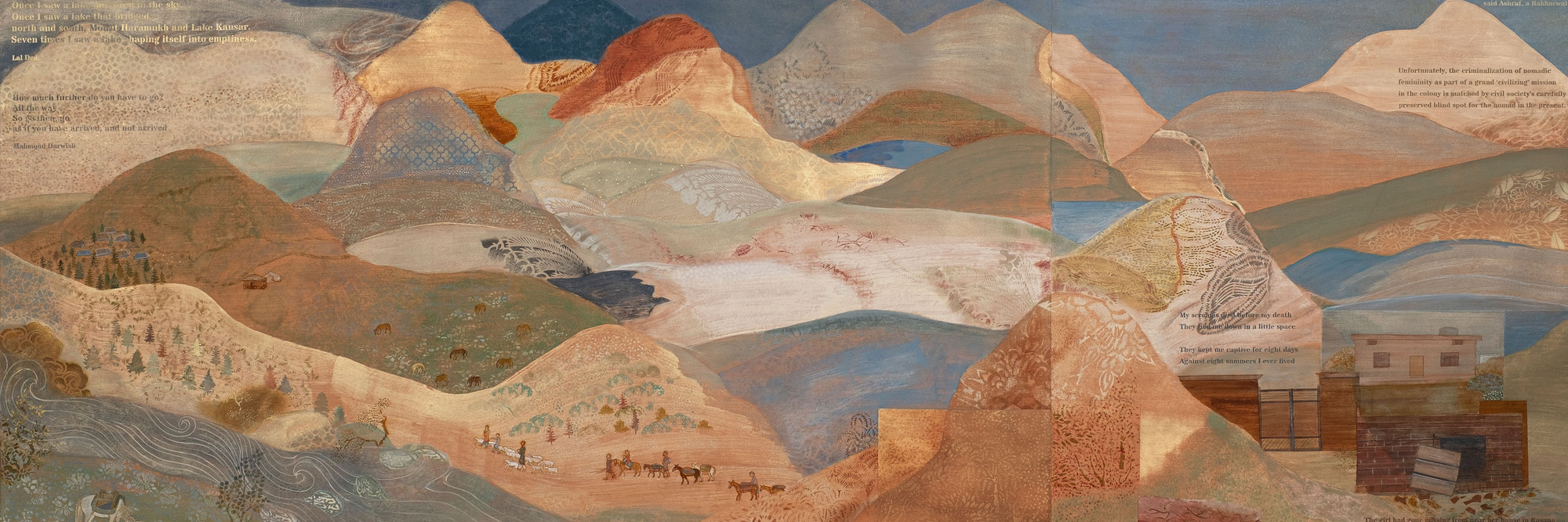 Nilima Sheikh. Home, Land 4. 2025. Mixed tempera on Sanganer paper. Ark Foundation for the Arts, Vadodara, India