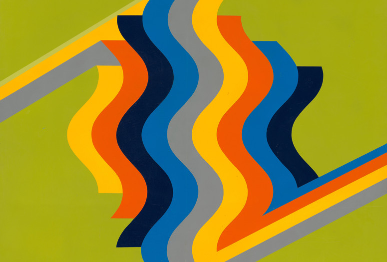 Mohamed Melehi. Seduction. 1975. Lacquer on board. The Museum of Modern Art, New York. Gift of Sandra and Tony Tamer Image description: A large-scale painting with flat, crisp colors. From the left and right edges, straight diagonal lines converge into a series of wavy parallel stripes. These stripes are boldly painted in yellow, orange, navy, blue, and gray on top of an olive green background.