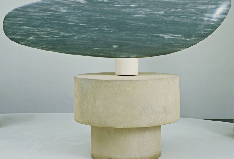 Constantin Brancusi. Fish. Paris 1930. Blue-gray marble on a three-part pedestal of one marble and two limestone cylinders. The Museum of Modern Art, New York. Acquired through the Lillie P. Bliss Bequest (by exchange). © Succession Brancusi - All rights reserved (ARS) 2018 Image description: A large elongated oval of blue-gray marble perches atop a small white marble cylinder. This sits atop a stack of two larger beige cylinders made of limestone.