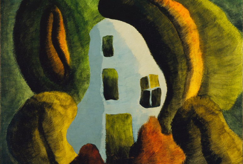 Arthur Dove. Willows. 1940. Oil on canvas. The Museum of Modern Art, New York. Gift of Duncan Phillips. © The Estate of Arthur G. Dove, courtesy Terry Dintenfass, lnc. Image description: Abstracted willow trees in shades of green and ochre fill the left and right sides of this oil painting. The feathered brushstrokes and oblong rounded shapes lend movement to the artwork as they curve around a light blue center, as if bordering the edges of a pond. Several smaller vertically oriented green rectangles are grouped together within the central blue section.