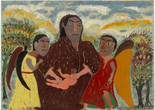 Hector Hyppolite. The Congo Queen. 1946. Enamel, oil, and pencil on cardboard. The Museum of Modern Art, New York. Gift of Mr. and Mrs. Walter Bareiss Image description: Painting featuring three figures and a baby in an outdoor landscape. Primary colors of the figures are brown, yellow, and red, while the background features green, white, blue, and orange.