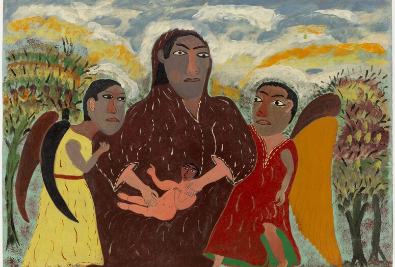 Hector Hyppolite. The Congo Queen. 1946. Enamel, oil, and pencil on cardboard. The Museum of Modern Art, New York. Gift of Mr. and Mrs. Walter Bareiss Image description: Painting featuring three figures and a baby in an outdoor landscape. Primary colors of the figures are brown, yellow, and red, while the background features green, white, blue, and orange.