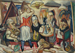 Max Beckmann. Family Picture. 1920. Oil on canvas, 25 5/8 × 39 3/4" (65.1 × 100.9 cm). The Museum of Modern Art, New York. Gift of Abby Aldrich Rockefeller. © 2026 Artists Rights Society (ARS), New York/VG Bild-Kunst, Bonn Image description: A room features six individuals engaged in various activities, with a piano, candles, and a plant. Predominant colors are earthy tones, with red, blue, and green accents.