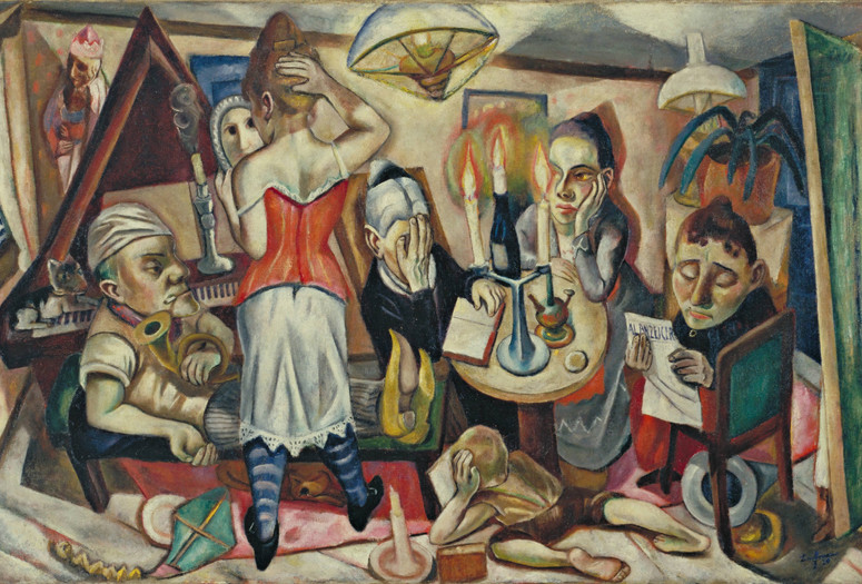 Max Beckmann. Family Picture. 1920. Oil on canvas, 25 5/8 × 39 3/4" (65.1 × 100.9 cm). The Museum of Modern Art, New York. Gift of Abby Aldrich Rockefeller. © 2026 Artists Rights Society (ARS), New York/VG Bild-Kunst, Bonn Image description: A room features six individuals engaged in various activities, with a piano, candles, and a plant. Predominant colors are earthy tones, with red, blue, and green accents.