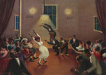 Archibald John Motley Jr. Tongues (Holy Rollers). 1929. Oil on canvas, 29 1/4 × 36 1/8" (74.3 × 91.8 cm). The Museum of Modern Art, New York. Bequest of Janice H. Levin (by exchange). © Archibald John Motley Jr. Courtesy of the Artist’s Estate Image description: A lively scene in an oil painting shows people dancing and playing instruments in a room with the words “Jesus Saves” on the wall. Predominant colors include warm browns, deep reds, and soft whites.