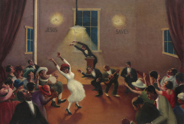 Archibald John Motley Jr. Tongues (Holy Rollers). 1929. Oil on canvas, 29 1/4 × 36 1/8" (74.3 × 91.8 cm). The Museum of Modern Art, New York. Bequest of Janice H. Levin (by exchange). © Archibald John Motley Jr. Courtesy of the Artist’s Estate Image description: A lively scene in an oil painting shows people dancing and playing instruments in a room with the words “Jesus Saves” on the wall. Predominant colors include warm browns, deep reds, and soft whites.