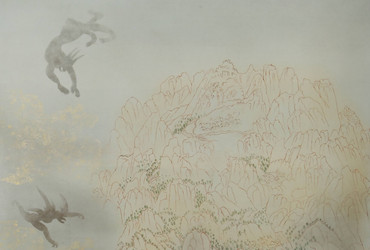 Nilima Sheikh. Surveillance (recto) from Shahid/Witness. 2025-26. Casein tempera on canvas. Commissioned by Kiran Nadar Museum of Art. Image courtesy: Kiran Nadar Museum of Art.