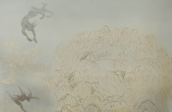 Nilima Sheikh. Surveillance (recto) from Shahid/Witness. 2025-26. Casein tempera on canvas. Commissioned by Kiran Nadar Museum of Art. Image courtesy: Kiran Nadar Museum of Art.