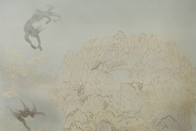 Nilima Sheikh. Surveillance (recto) from Shahid/Witness. 2025-26. Casein tempera on canvas. Commissioned by Kiran Nadar Museum of Art. Image courtesy: Kiran Nadar Museum of Art.