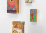 From left: G. Peter Jemison. Art Bag. 1980. Crayon, oil pastel, fabric, rope, plastic tag, jigsaw puzzle piece, and ticket with oil paint on printed brown paper bag with three printed metal pins and a business card inside, 20 × 13 × 7" (50.8 × 33 × 17.8 cm). The Museum of Modern Art, New York. Frances Keech Fund; G. Peter Jemison. Number One. 1980. Gouache, crayon, metallic paint, and pencil on printed brown paper bag with a corn husk inside, 13 3/4 × 7 1/16 × 4 1/8" (35 × 18 × 10.5 cm). The Museum of Modern Art, New York. Acquired through the generosity of Agnes Gund; G. Peter Jemison. Indian Toy / Toy Indian. 1984. Gouache, crayon, pencil, and colored pencil on printed brown paper bag, 13 3/4 × 6 7/8 × 4 1/2" (34.9 × 17.5 × 11.4 cm). The Museum of Modern Art, New York. Acquired through the generosity of Marnie Pillsbury; G. Peter Jemison. Hunger on Reservations While Children in Africa Starve. 1981. Gouache, crayon, marker, pen, colored pencil, and cut-and-pasted paper and board on printed brown paper bag, 19 5/16 × 11 3/4 × 6 3/4" (49 × 29.8 × 17.2 cm). The Museum of Modern Art, New York. Frances Keech Fund