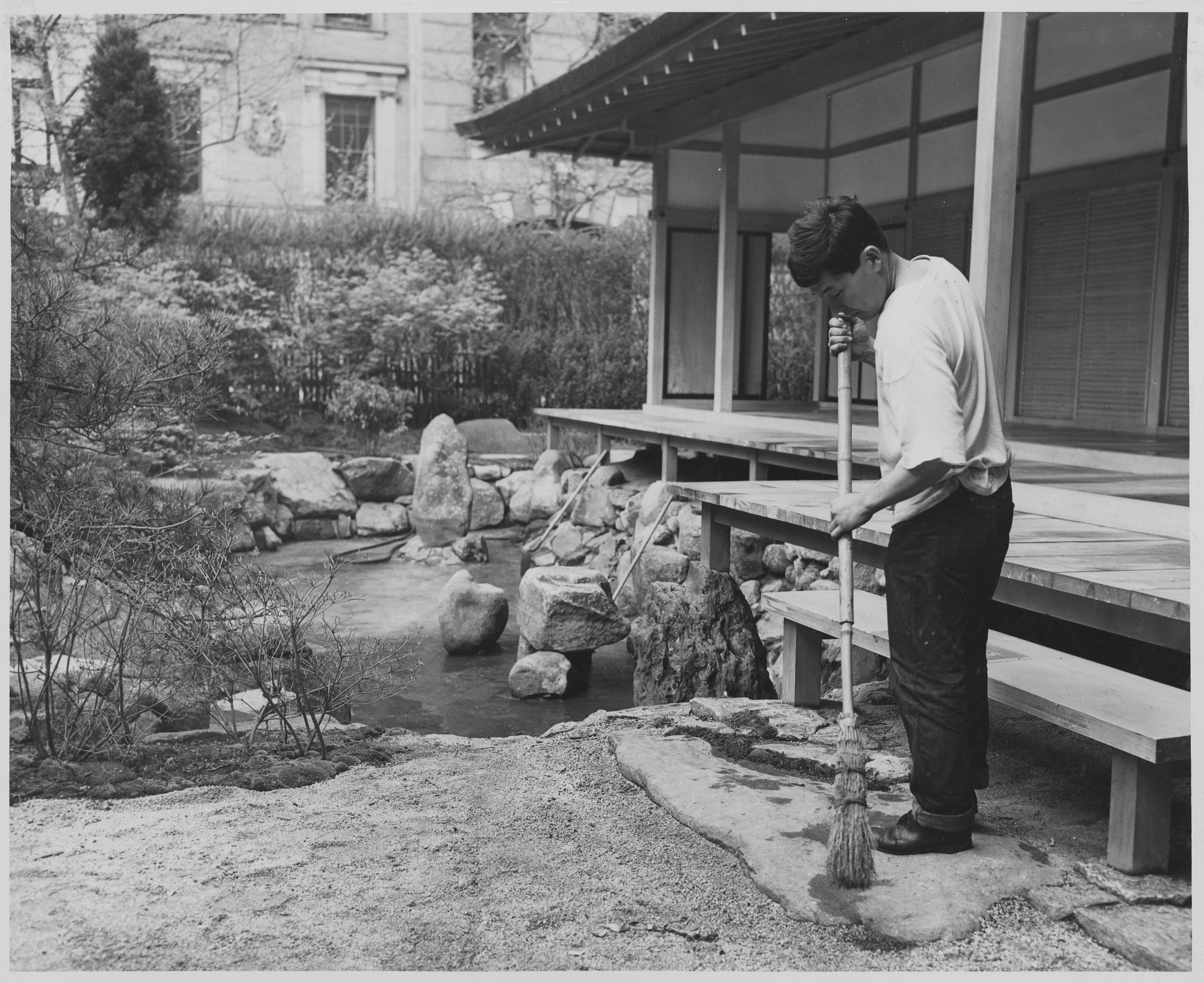 Reconditioning the Japanese House in the Museum of Modern Art garden. Robert Kobayashi sweeping the stones the garden of the house." Publicity photograph released in connection with the exhibition, "Japanese