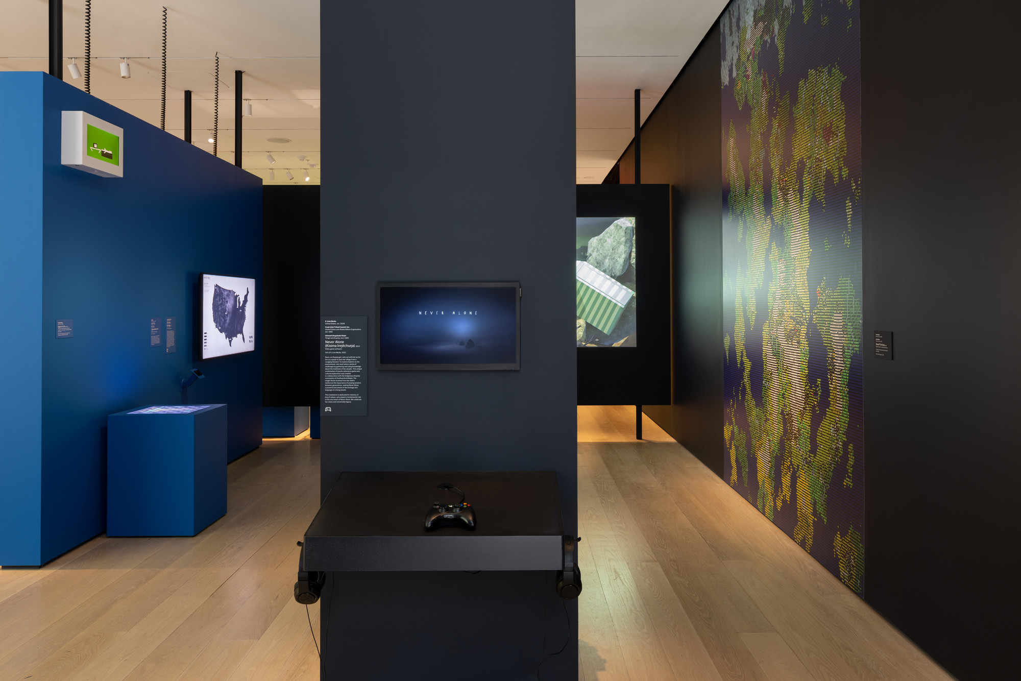 Installation view of the exhibition "Never Alone Video Games and Other